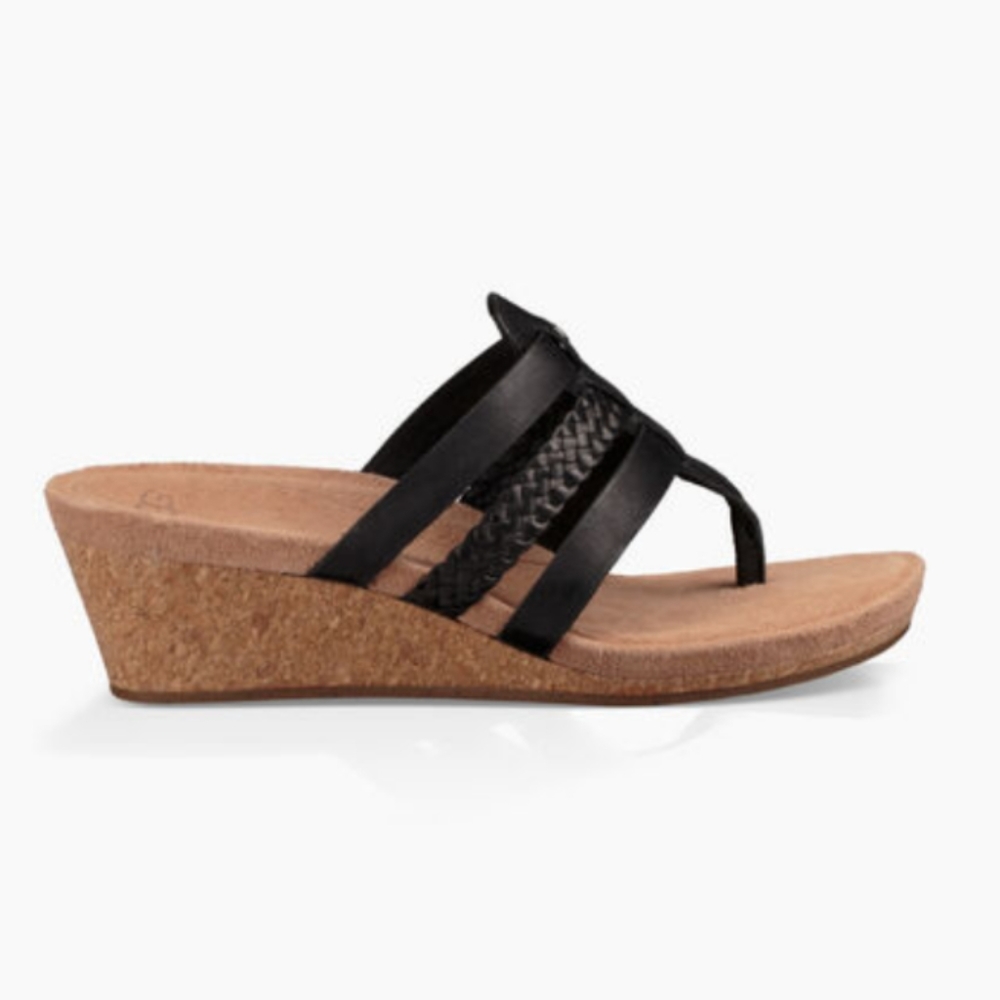Ugg Cork Wedge Black Leather Sandals